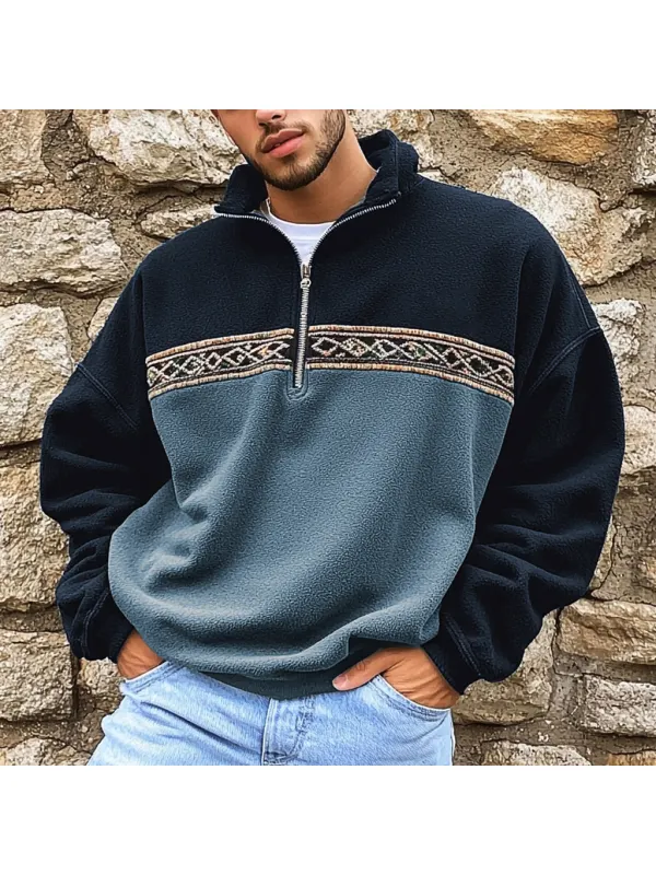 Unisex Polar Fleece Aztec Contrast Color Retro Polo Sweatshirt - Aptkoi.com 