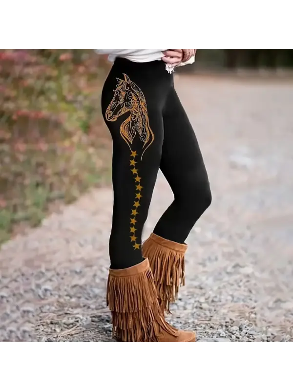 Vibrant Horse Print Skinny Leggings - Stretchy, Elastic Waist, Comfortable, Casual, Women's Fashion Clothing - Perfect F - Aptkoi.com 