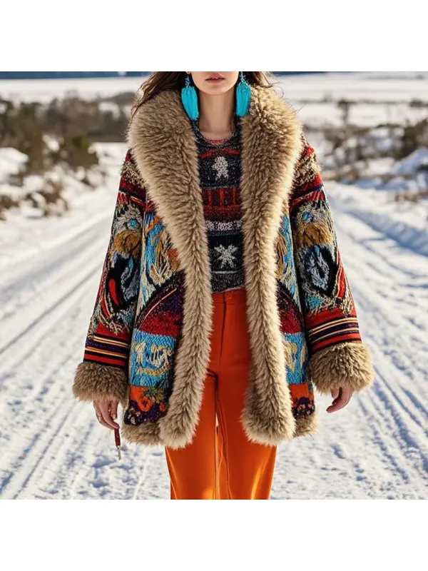Women's Vintage Printed Warm Raw Edge Coat - Aptkoi.com 