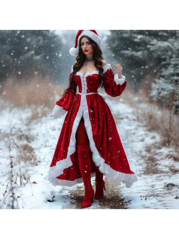 Women's Christmas Vintage Velvet Fur Collar Dress - Cominbuyshop.com 