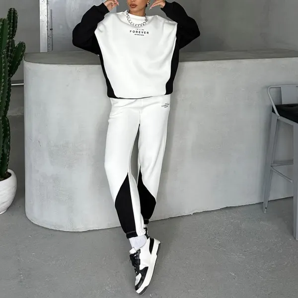Oversized Preppy Relaxed Patchwork Sweatshirt And Sweatpants Set - Spiretime.com 
