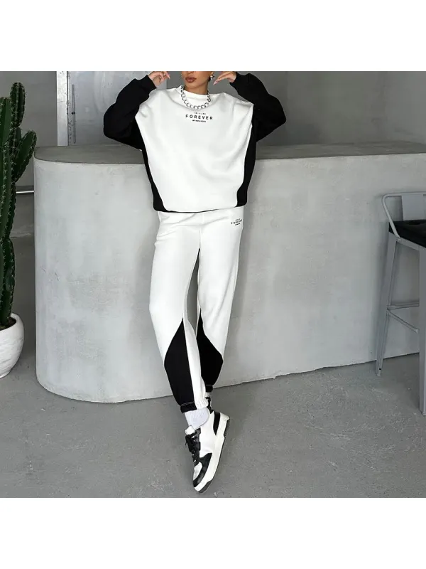 Oversized Preppy Relaxed Patchwork Sweatshirt And Sweatpants Set - Ootdmw.com 