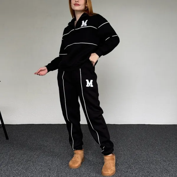 Oversized Varsity Relaxed Zip-Neck Sweatshirt And Sweatpants Set - Spiretime.com 
