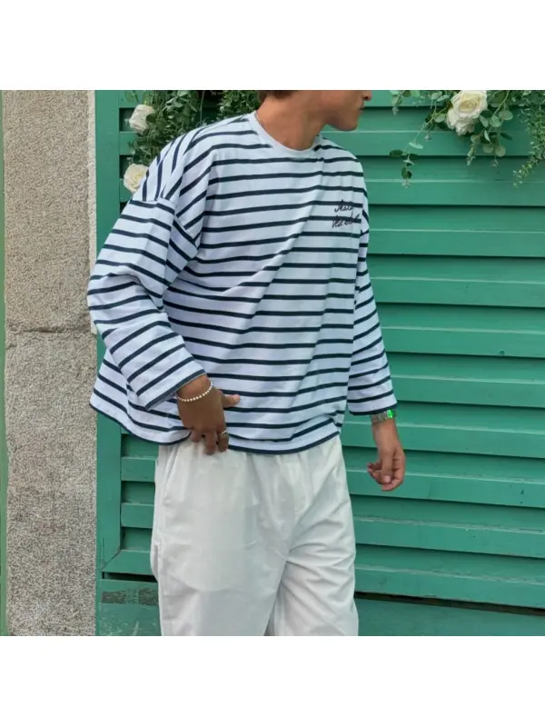 Men's Long Sleeve Striped Printed Letter Embroidered T-Shirt - Shopyiyistories.com 