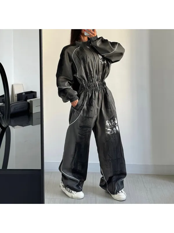 Women's Oversized Zip-Up Jacket Sweatshirt And Lounge Pants Jumpsuit Set - Aptkoi.com 