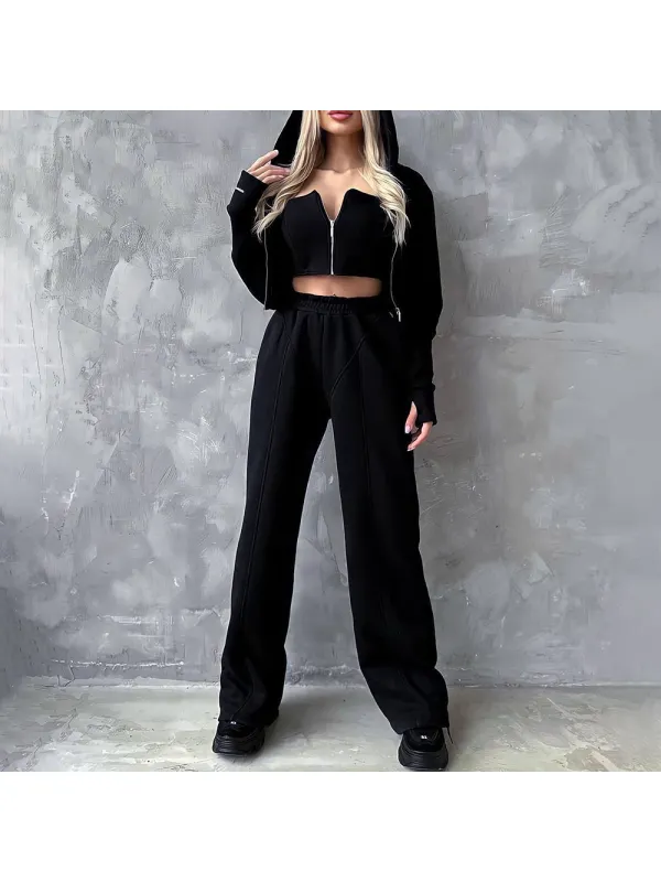Women's Cropped Zip Sweatshirt Jacket And Sexy Bra And Sweatpants Set - Aptkoi.com 