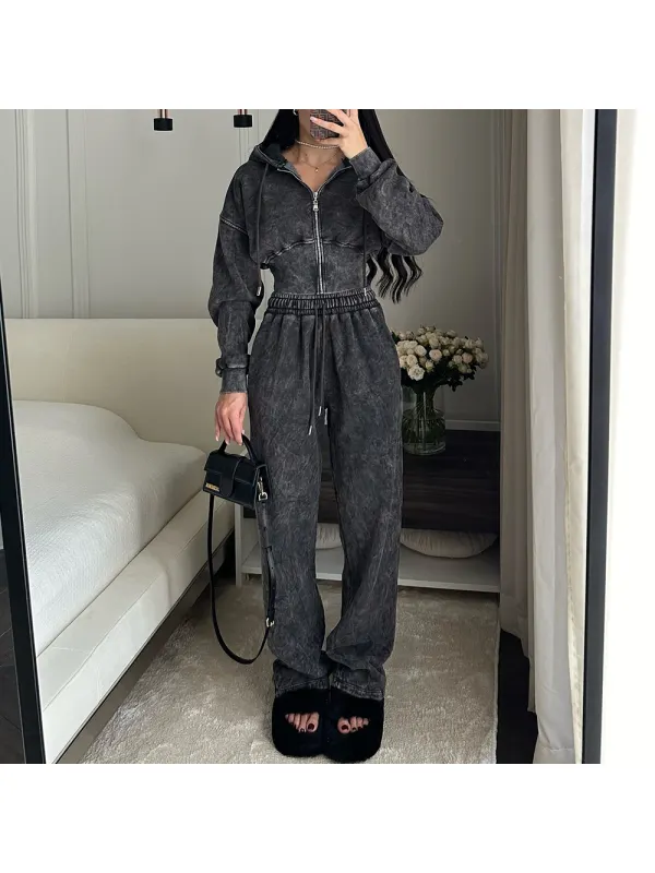 Women's Vintage Casual Zip-Up Sweatshirt Jacket And Sweatpants Set - Aptkoi.com 