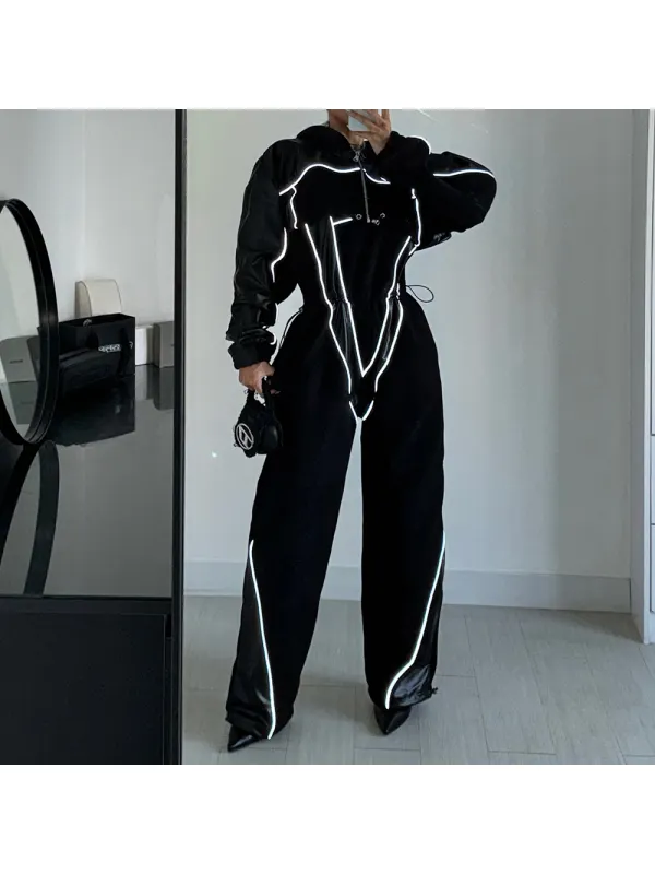 Women's Oversized Fashion Trend Cropped Hooded Jacket And Casual Jumpsuit Set - Aptkoi.com 