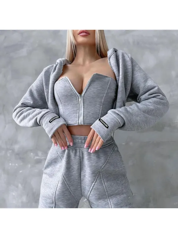 Women's Cropped Zip Sweatshirt Jacket And Sexy Bra And Sweatpants Set - Aptkoi.com 