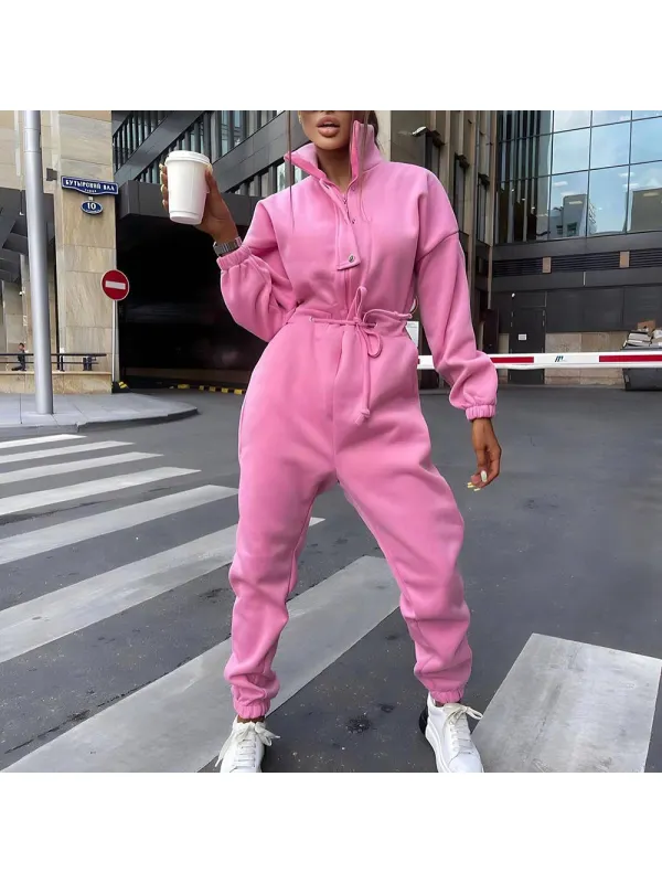 Women's Lapel Sweatshirt And Sweatpants Jumpsuit - Aptkoi.com 