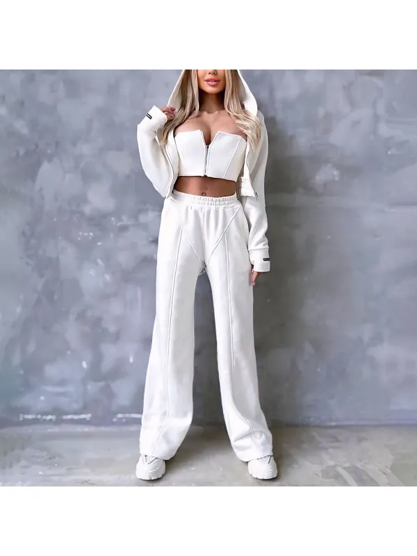 Cropped Zip Sweatshirt Jacket And Sexy Bra And Sweatpants Set - Aptkoi.com 