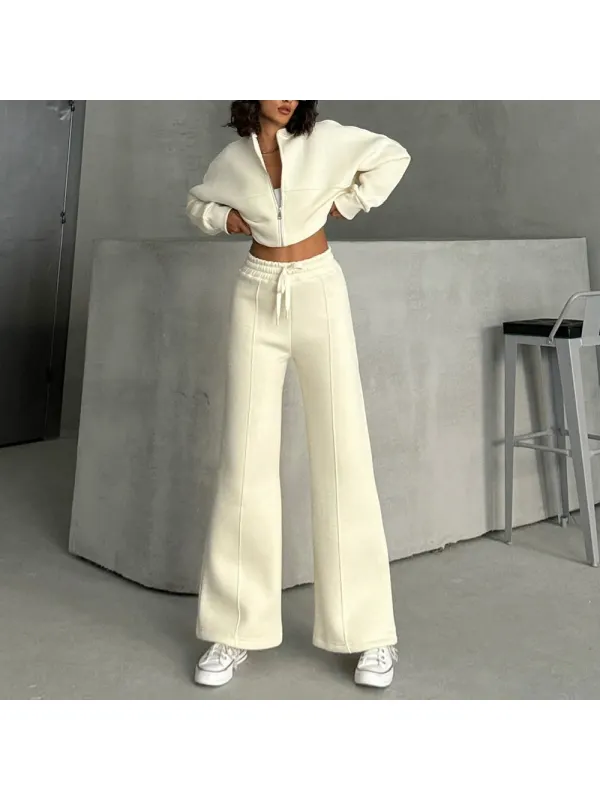 Women's Casual Zip-up Jacket And Sports Flared Pants Set - Viewbena.com 
