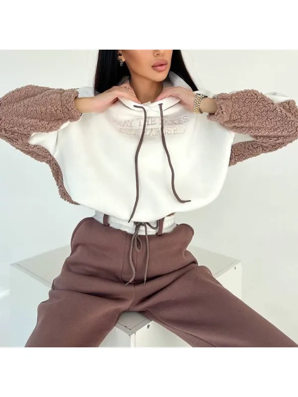 Women's Patchwork Hooded Sweatshirt And Sweatpants Set - Viewbena.com 