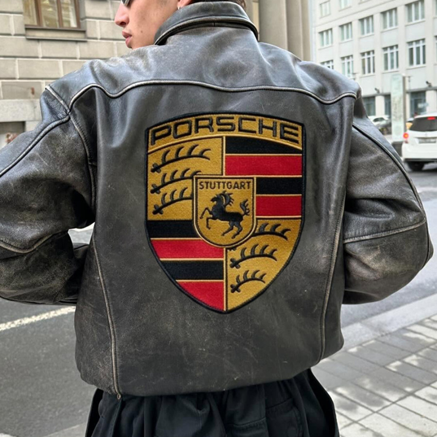 

Unisex Vintage Racing Embroidered Leather Jacket