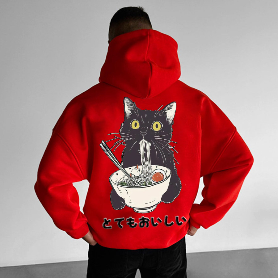 

Oversized Unisex Cat Eating Ramen Print Casual Hoodie