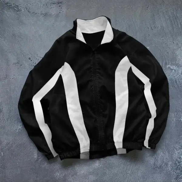 Neutral Black White Zipper Jacket - Ootdyouth.com 