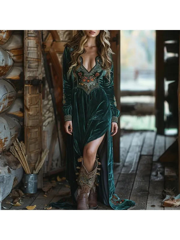 Women's Retro Waist Design Velvet Long Skirt - Cominbuy.com 