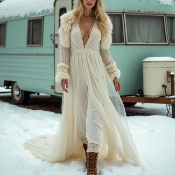 Women's Vintage Western Style Velvet Long Sleeve Dress - Ootdyouth.com 