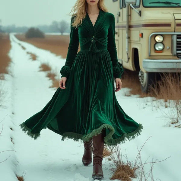 Women's Vintage Western Style Velvet Long Sleeve Dress - Ootdyouth.com 