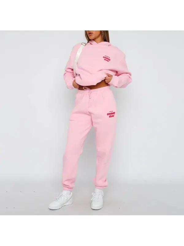 Women Fashion Sports Long Sleeve Pullover Hooded Sweatshirt Two Piece Set - Ootdmw.com 