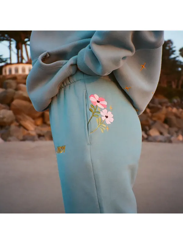 Women's Flower Embroidered Loose Sweatpants - Aptkoi.com 
