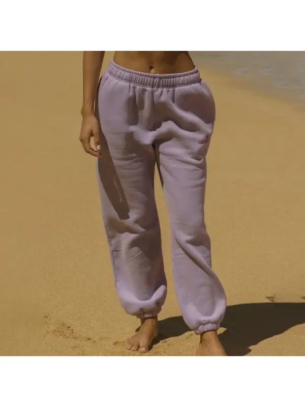 Women's Vintage Palm Puff Embroidered Purple Sweatpants - Aptkoi.com 