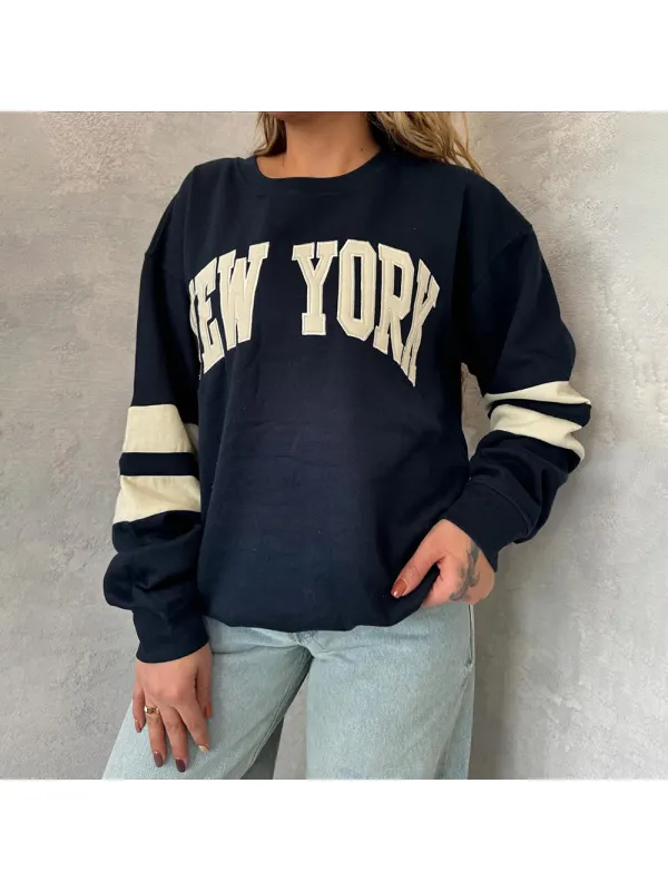 Women's Embroidered Casual Crew Neck Patchwork Sweatshirt - Aptkoi.com 