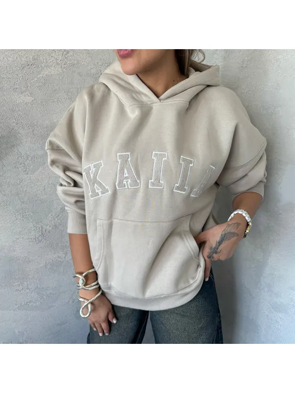 Women's Embroidered Casual Hooded Sweatshirt - Aptkoi.com 