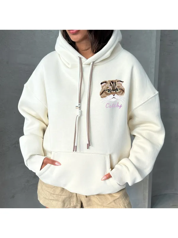 Women's Funny Pet Cat Embroidery Casual Hooded Sweatshirt - Aptkoi.com 