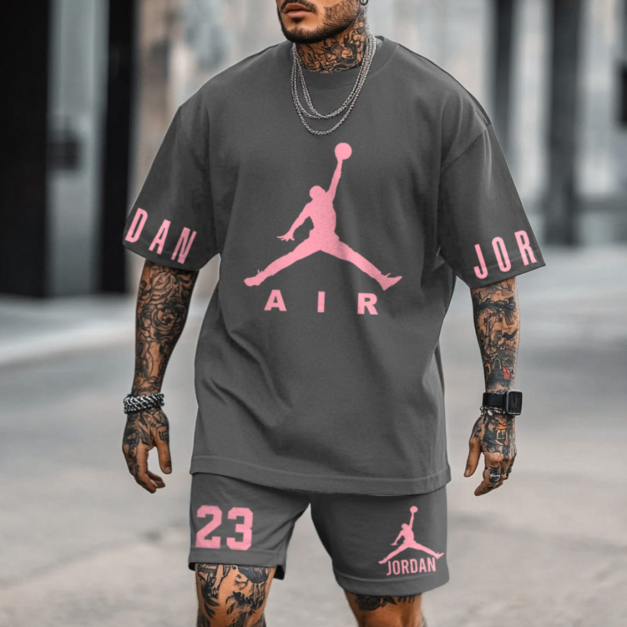 

Unisex Vintage Basketball Print Oversized T-shirt And Shorts Gray Set