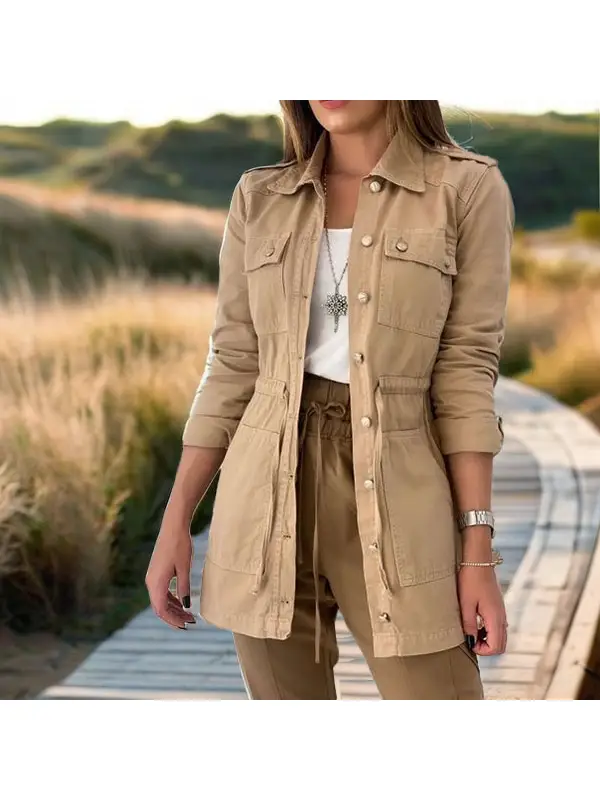 Women's Fashion Casual Drawstring Pocket Button Lapel Trench Coat - Aptkoi.com 