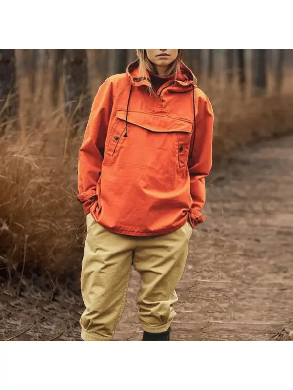 Women's Fashion Retro Button Pocket Solid Color Zipper Hooded Windbreaker - Aptkoi.com 