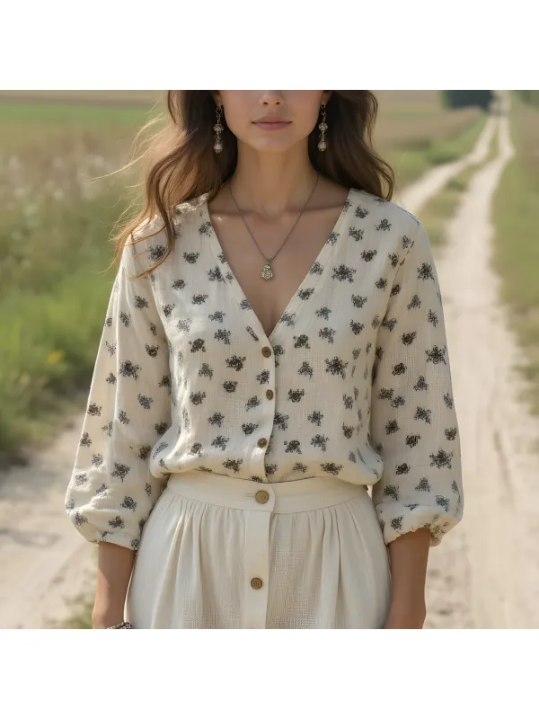Women's Casual V-neck Linen Printed Long-sleeved Shirt - Aptkoi.com 
