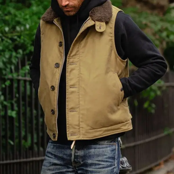 Men's Retro Outdoor Style Fur Collar Button Pocket Work Vest - Dozenlive.com 