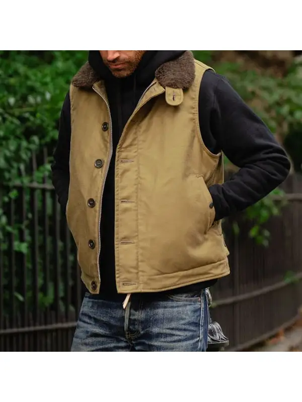 Men's Retro Outdoor Style Fur Collar Button Pocket Work Vest - Aptkoi.com 