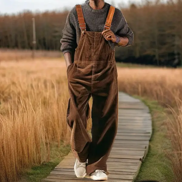 Men's Fashion Retro Contrast Color Shoulder Strap Pocket Corduroy Overalls - Dozenlive.com 