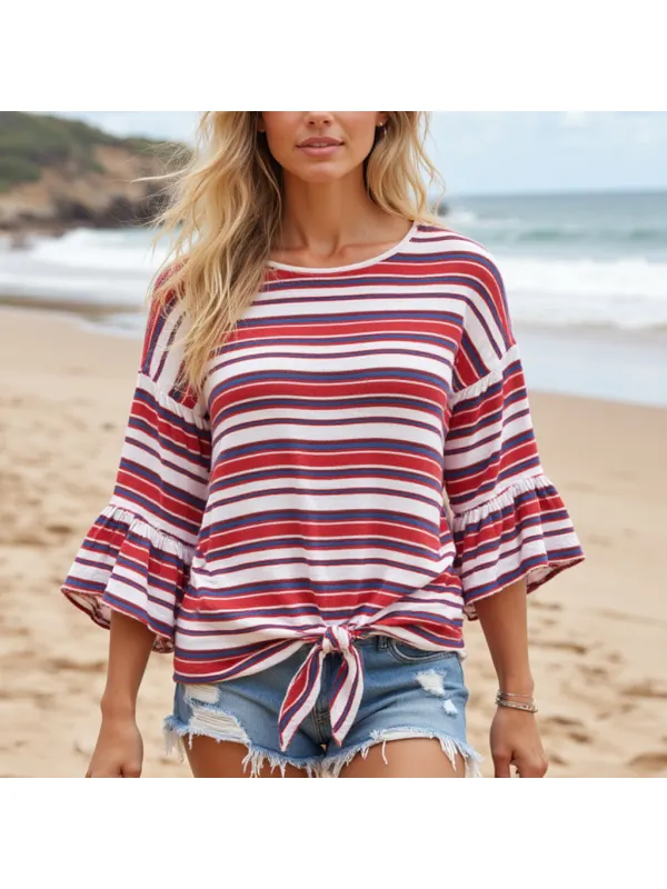 Women's Casual Striped Contrast Long-sleeved Top - Shopyiyistories.com 