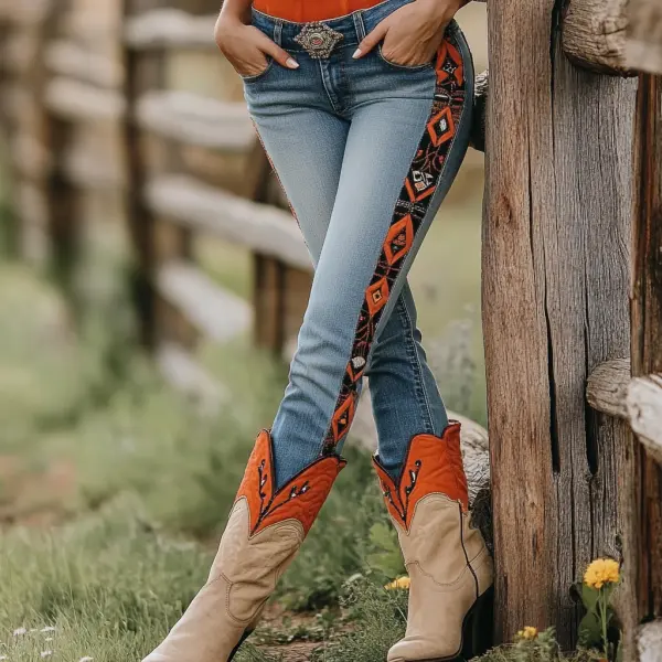 Western Vintage Style Faux Denim Aztec Print Women's Casual Pants - Ootdyouth.com 