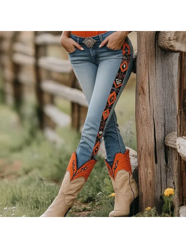 Western Vintage Style Faux Denim Aztec Print Women's Casual Pants - Ootdmw.com 