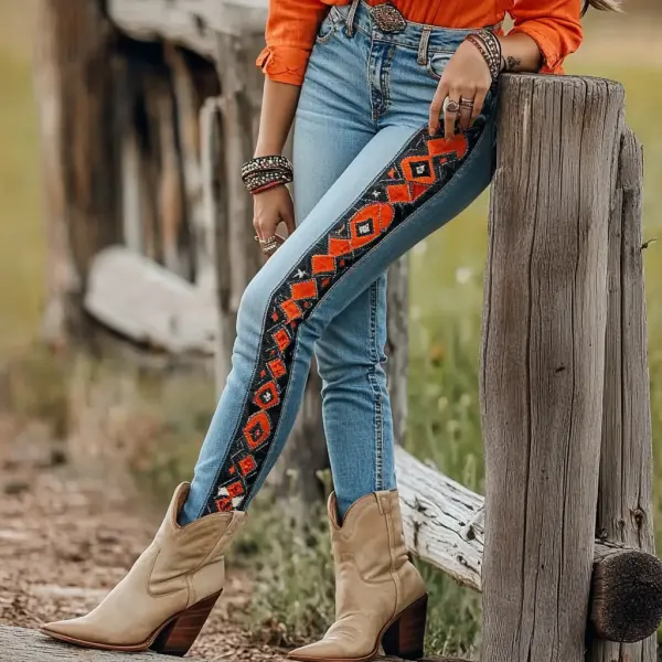 Western Vintage Style Faux Denim Aztec Print Women's Casual Pants - Ootdyouth.com 
