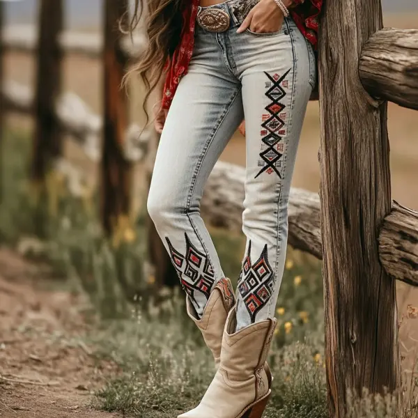 Western Vintage Style Faux Denim Aztec Print Women's Casual Pants - Ootdyouth.com 
