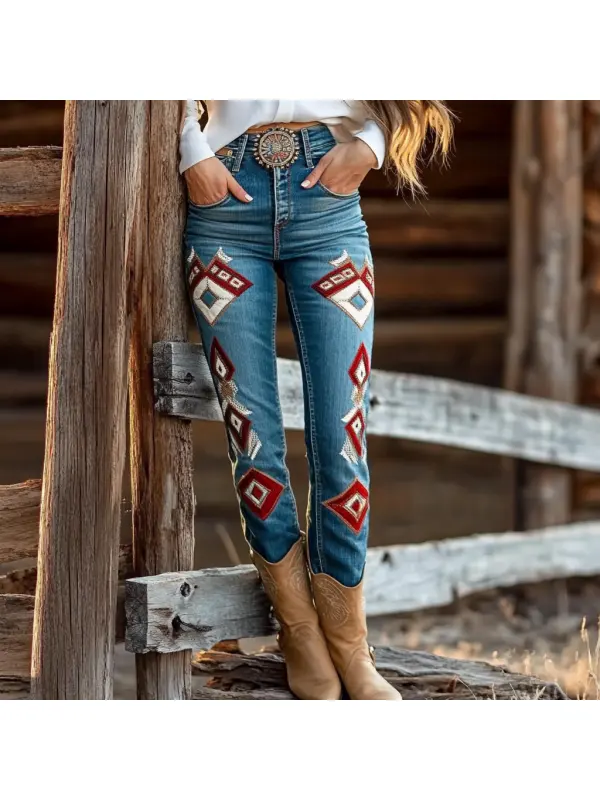 Western Vintage Style Faux Denim Aztec Print Women's Casual Pants - Ootdmw.com 