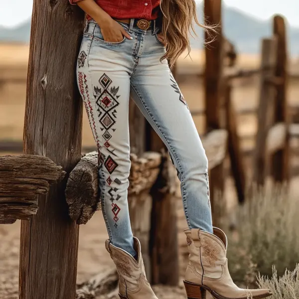 Western Vintage Style Faux Denim Aztec Print Women's Casual Pants - Ootdyouth.com 