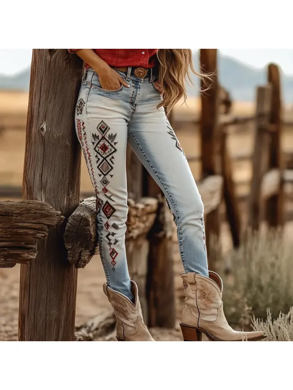 Western Vintage Style Faux Denim Aztec Print Women's Casual Pants - Ootdmw.com 