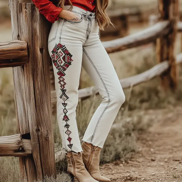 Western Vintage Style Faux Denim Aztec Print Women's Casual Pants - Ootdyouth.com 