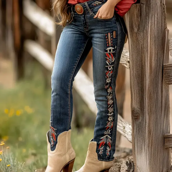 Western Vintage Style Faux Denim Aztec Print Women's Casual Pants - Ootdyouth.com 