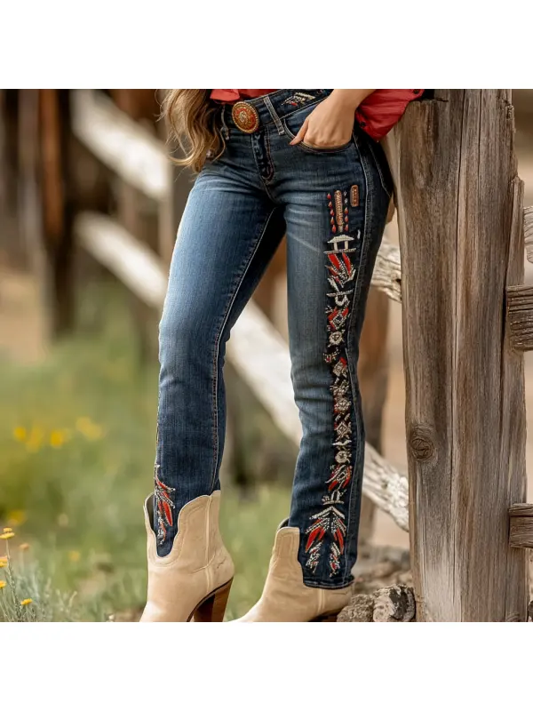 Western Vintage Style Faux Denim Aztec Print Women's Casual Pants - Ootdmw.com 