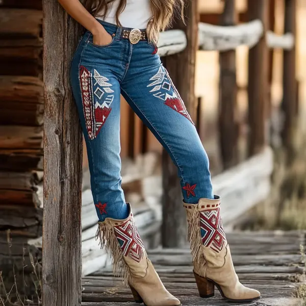 Western Vintage Style Faux Denim Aztec Print Women's Casual Pants - Ootdyouth.com 