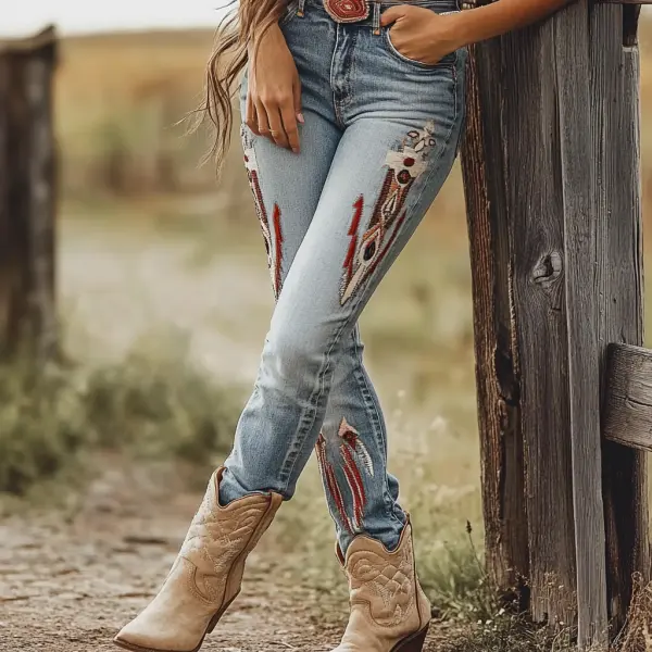 Western Vintage Style Faux Denim Aztec Print Women's Casual Pants - Ootdyouth.com 