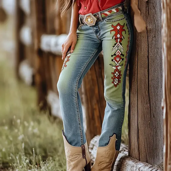 Western Vintage Style Faux Denim Aztec Print Women's Casual Pants - Ootdyouth.com 